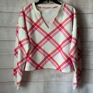 Colsie Pink and White Plaid Lounge Sweatshirt Cut V Neck Soft Size Large